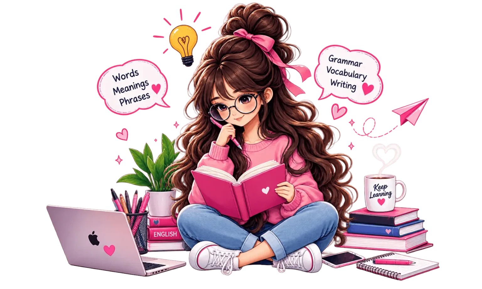 Girl sitting cross-legged reading a book titled English Knowledge Hub, surrounded by a globe, stacked books labeled Vocabulary, Grammar, Word Meanings, Phrases, and Writing Tips, a laptop, a plant, and a notepad checklist